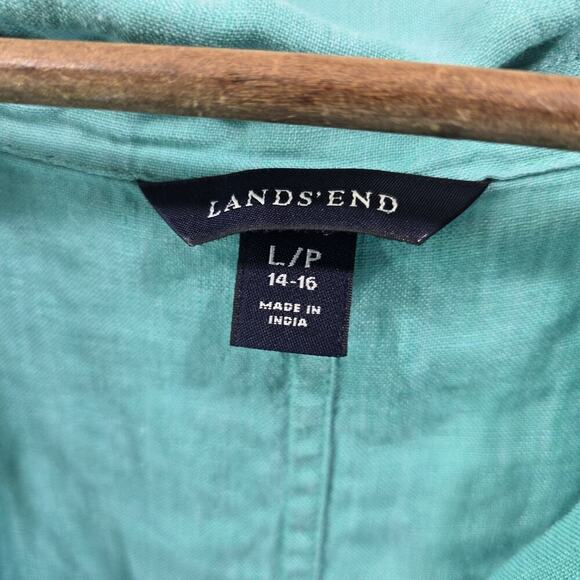 Lands End Shirt Womens Large P Blue Linen Short Sleeve Boxy Pockets Cuffed V - Picture 3 of 10